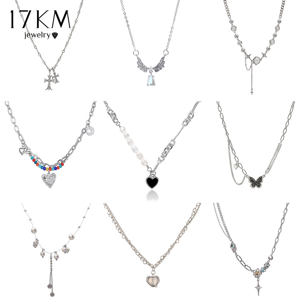 Dây chuyền 17KM Y2K chất liệu kim loại đính pha lê hoạ tiết trái tim / chữ thập / bướm thời trang