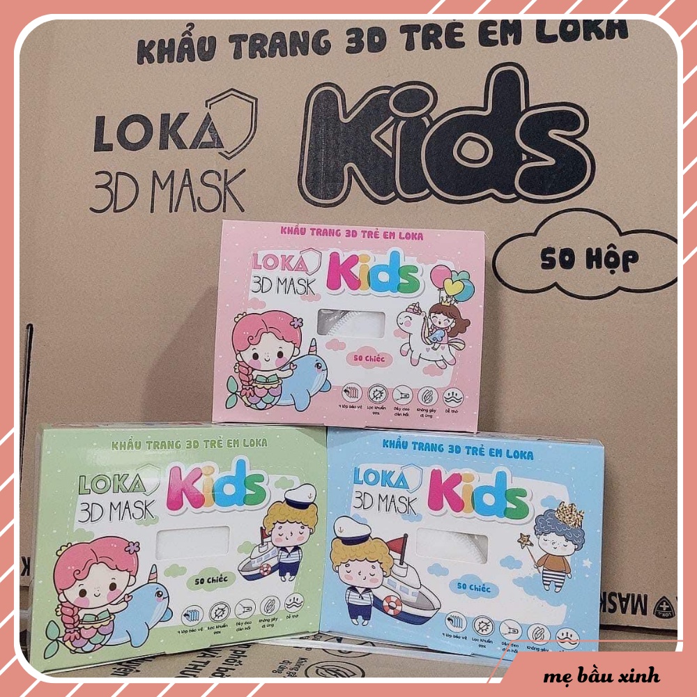 Hộp 50 chiếc khẩu trang 3D Mask Loka trẻ em, khẩu trang 3D cho bé ôm khít mặt, chống bụi mịn hiệu quả