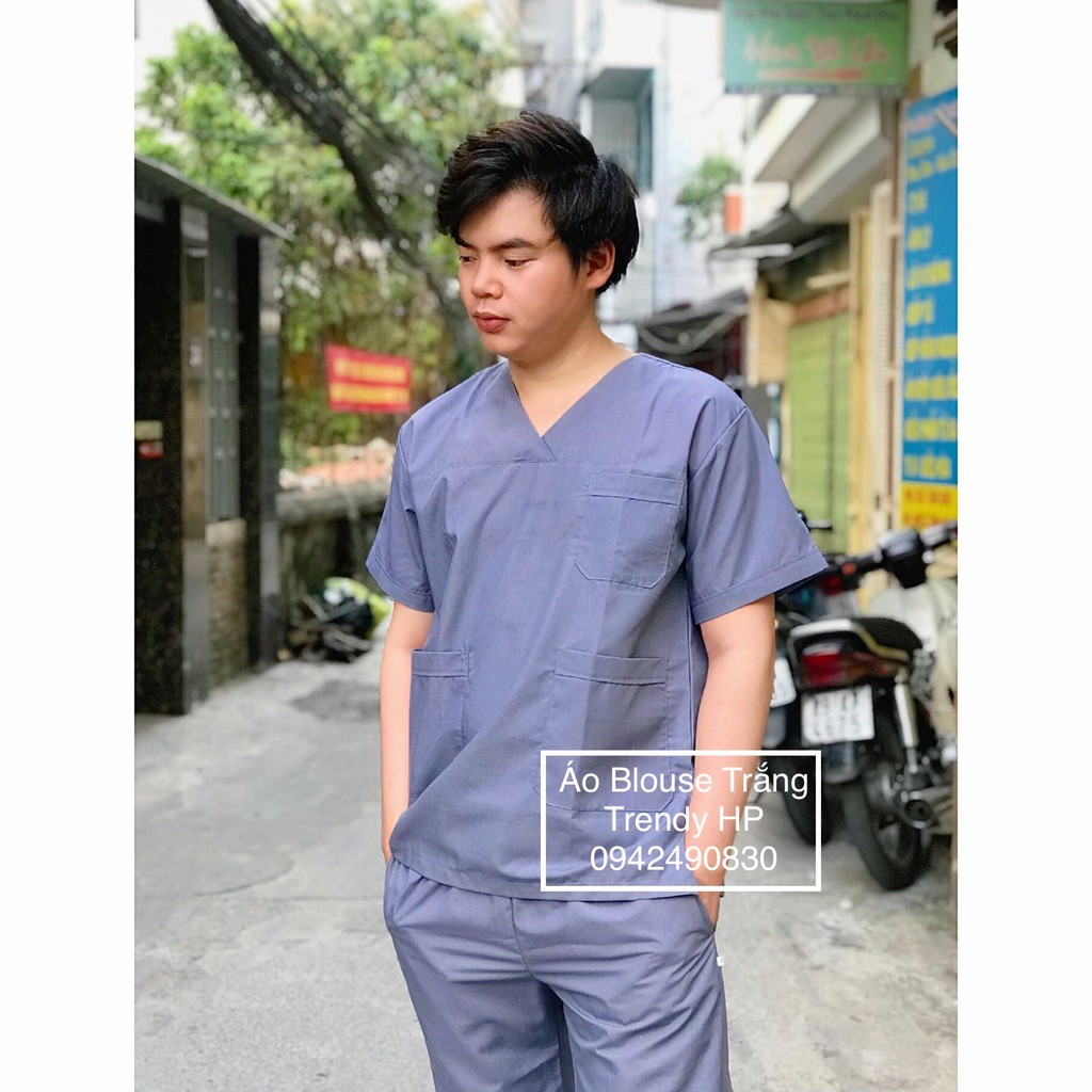Bộ scrubs nam nữ - bộ quần áo blouse cổ tim nam nữ màu Ghi Xám