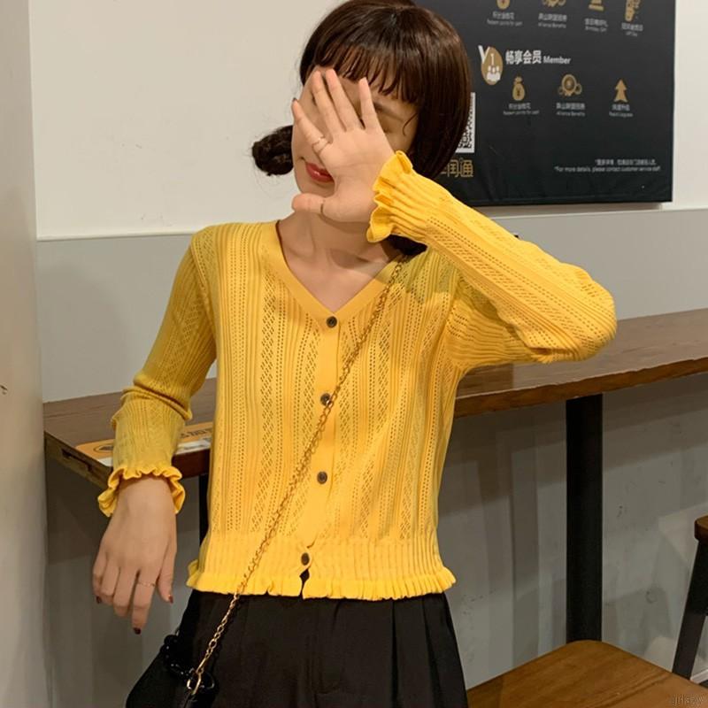 Áo Cardigan Dệt Kim Tay Dài Cổ Chữ V Phối Hàng Nút Phong Cách Hàn Quốc