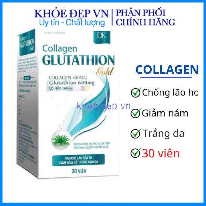 Viên uống trắng da, giảm lão hóa , chống nám tàn nhang Collagen Glutathion hộp trắng 30 viên