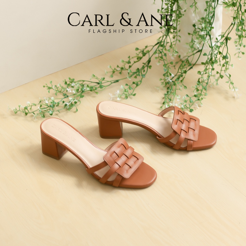 Carl & Ane - Dép cao gót mũi hở phối quai đan cao 4cm màu bò_CS014