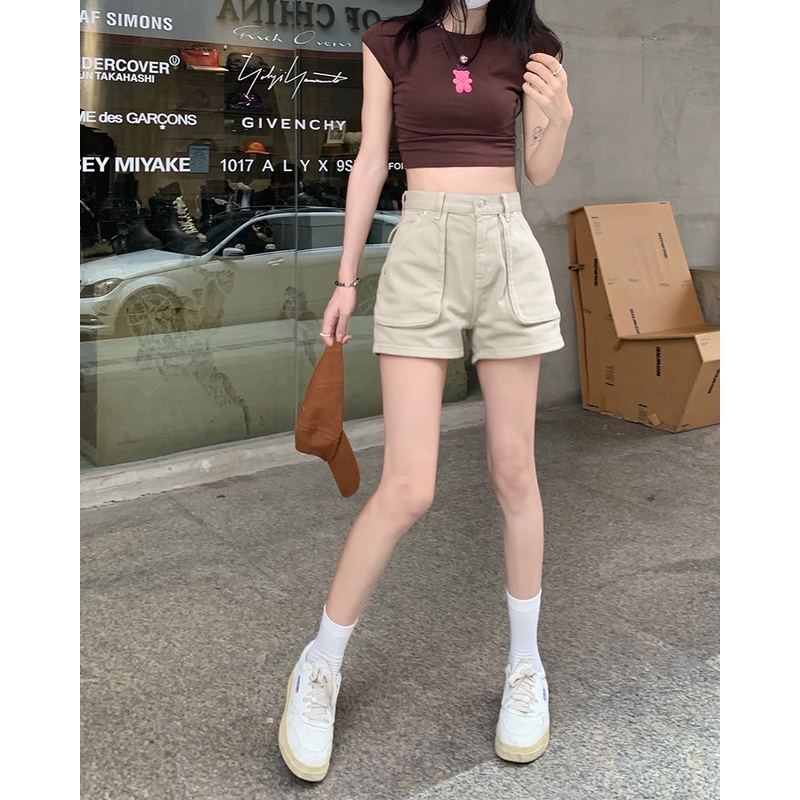Quần Short Denim Lưng Cao Màu Trơn Thời Trang Hàn Quốc Cho Nữ