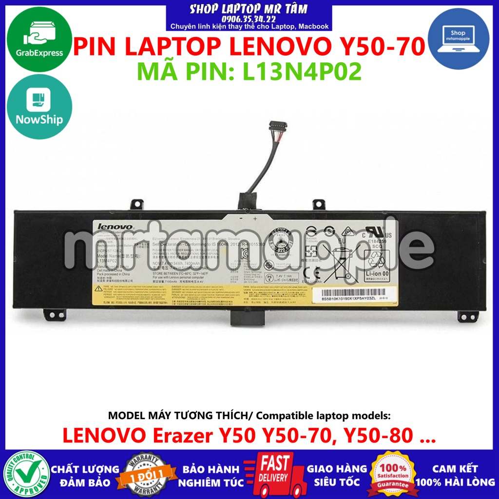 (BATTERY) PIN LAPTOP LENOVO Y50-70 L13N4P02 (ZIN) (4 CELL) dùng cho Erazer Y50 Y50-70, Y50-80