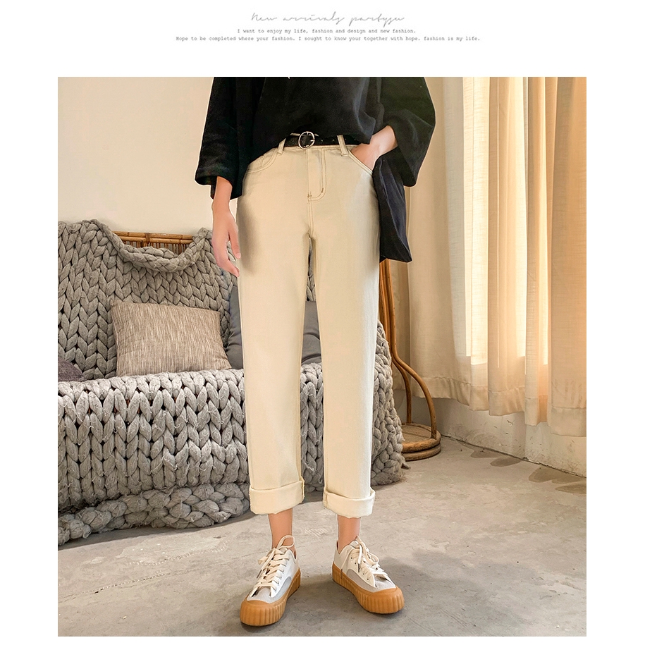 SUXI Quần jeans lưng cao ống rộng phong cách Hàn Quốc