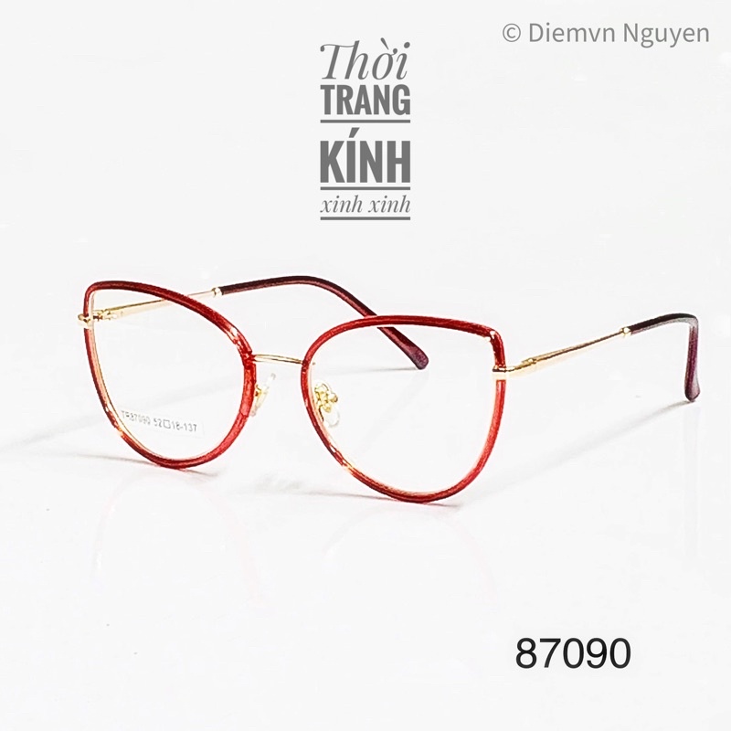 Gọng kính cận mắt mèo cao cấp 87090 cho nữ , Kim loại mảnh, Form kính siêu nhẹ