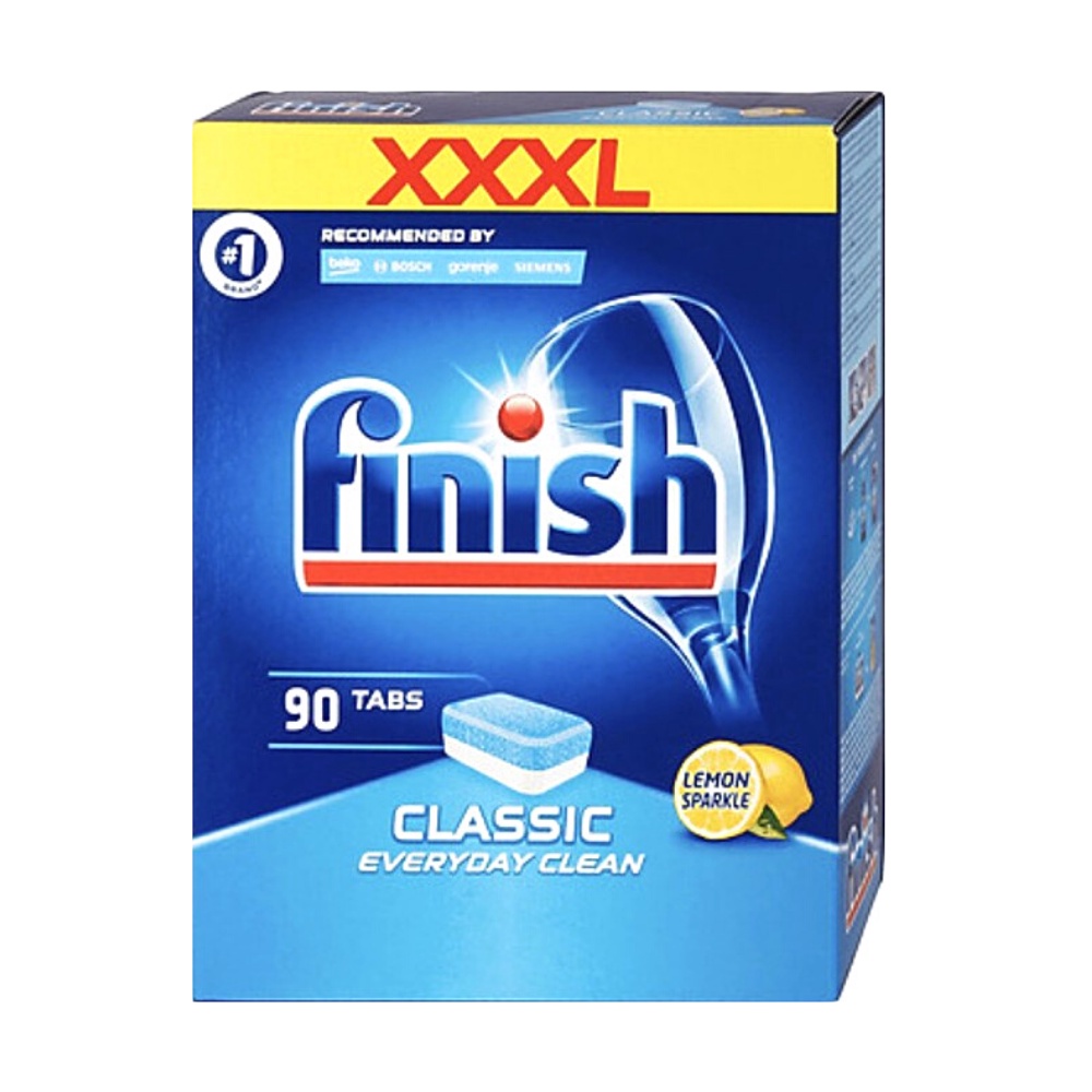 Combo rửa bát Finish: Hộp Classic 90 viên, Nước làm bóng 750ml, Muối 1,5kg.