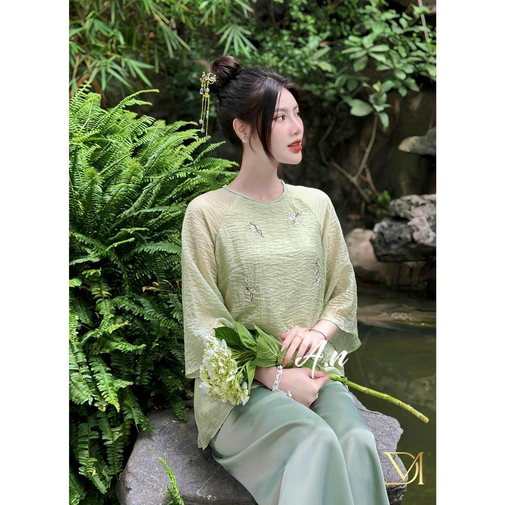 Bộ Đi Lễ Chùa, Pháp Phục Nữ Voan Nhăn Thêu Hoa Anh Đào Cổ Tròn Cao Cấp 4 Màu
