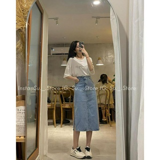 Chân váy jeans chữ a midi xẻ tà doubleh.clo - chân váy bò dáng dài midi cạp cao xẻ cạnh basic dày dặn ulzzang hàn quốc