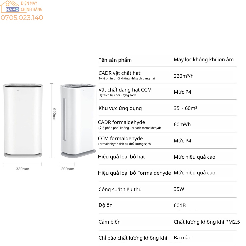 Máy lọc không khí HAPO ion âm loại bỏ bụi mịn, đo chất lượng không khí PM2.5, tia UV khử trùng lọc vi khuẩn nấm mốc