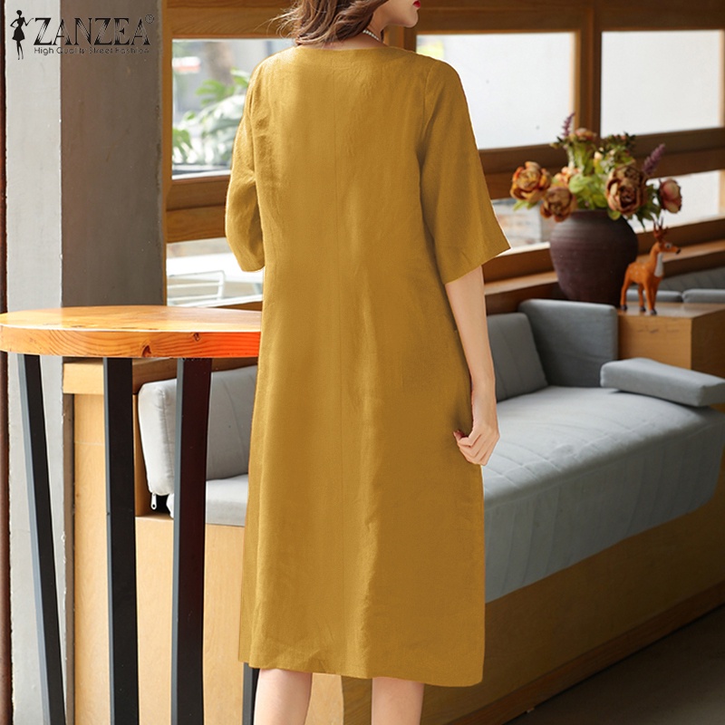 Đầm Zanzea tay lửng cổ tròn màu trơn phong cách retro thời trang cho nữ