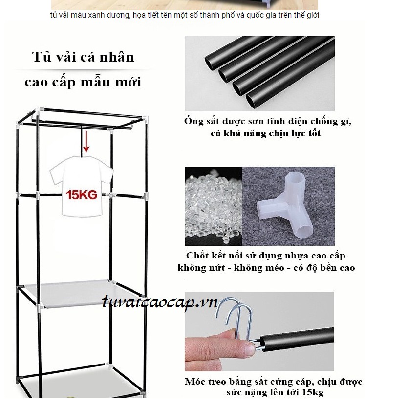 [Free ship]Tủ Vải đựng Quần Áo Vải Khung Thép 2 Buồng Tủ Vải 3 D Loại 1