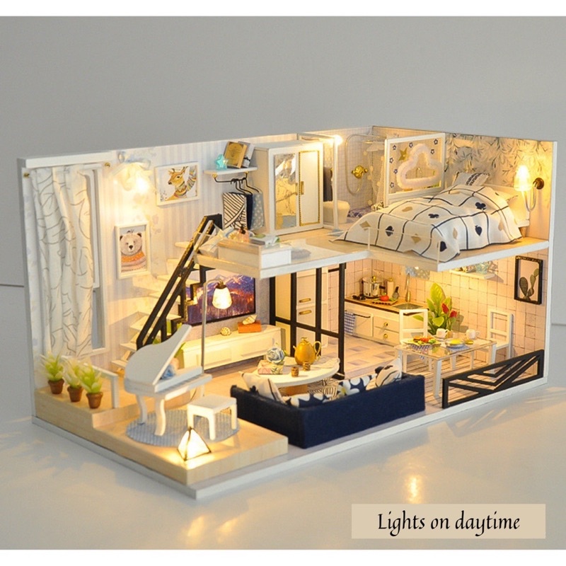 Mô hình tự lắp ráp nhà gỗ DIY _ Mô hình căn hộ nội thất trắng (Tặng keo và mica che bụi)