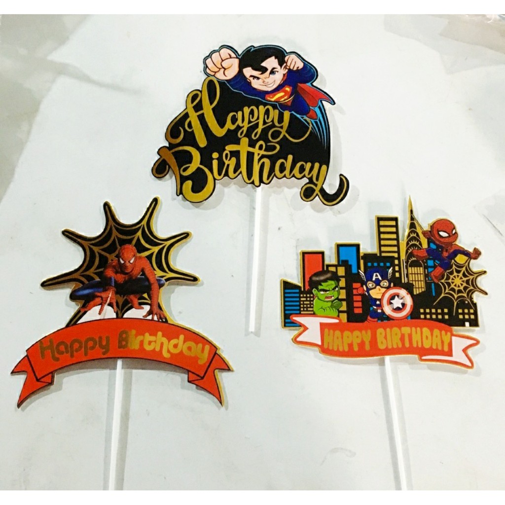 Set 10 hình siêu nhân nhện Happy birthday ánh kim trang trí bánh kem bánh sinh nhật