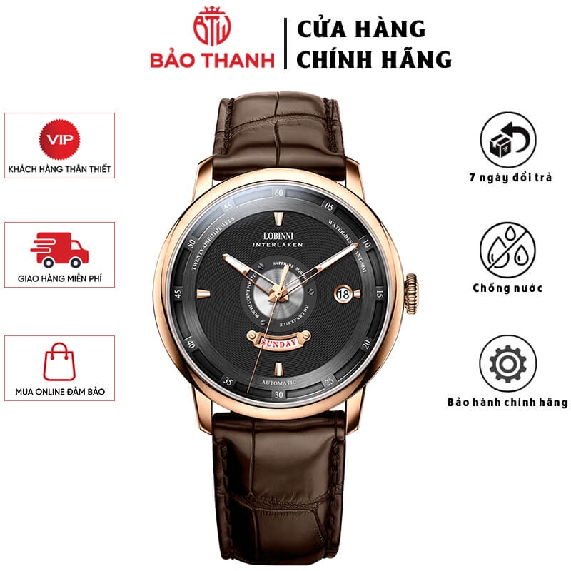 Đồng Hồ Nam LOBINNI No.1807-2 Chính Hãng BH 24T Chịu Nước 50m Kính Chống Xước Dây Da Cao Cấp (Máy Cơ Tự Động)