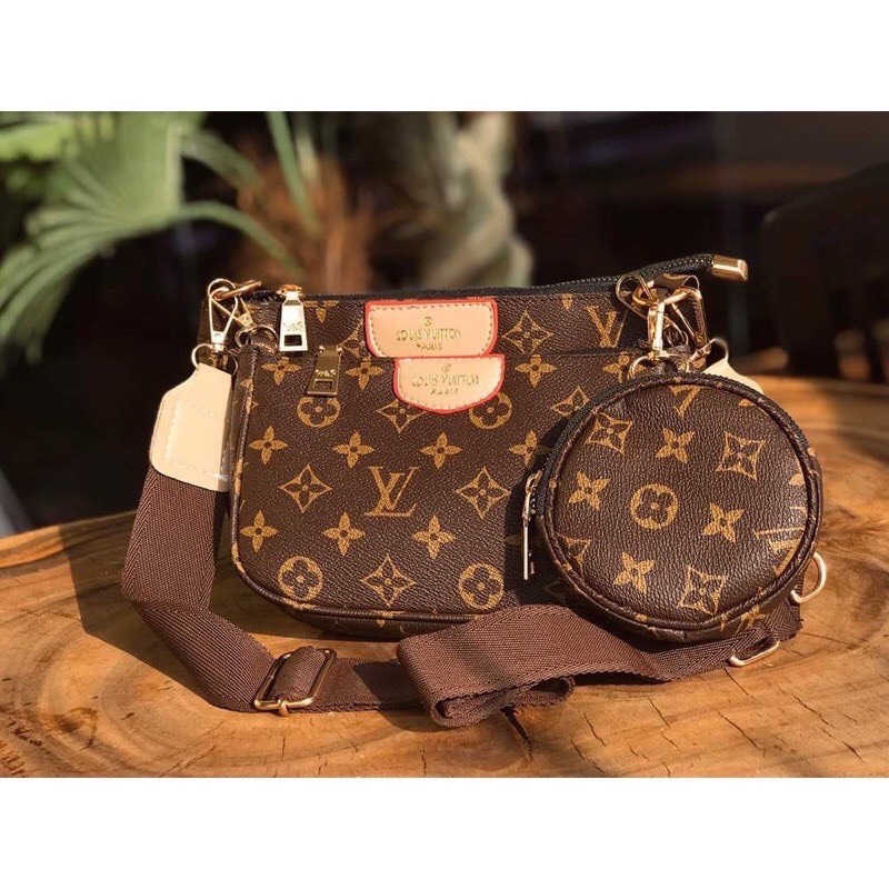 Túi xách nữ Set túi 3 món l.V 3 in 1 đeo chéo đeo vai dây dù nâu hot trend , kèm phụ kiện  thời trang sm