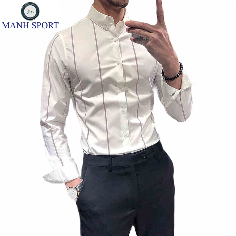 Áo Sơ Mi Nam Dài Tay Trắng Kẻ Sọc Đen Chất Vải Lụa Thô Cao Cấp Form Body Trẻ Trung [22] | BigBuy360 - bigbuy360.vn
