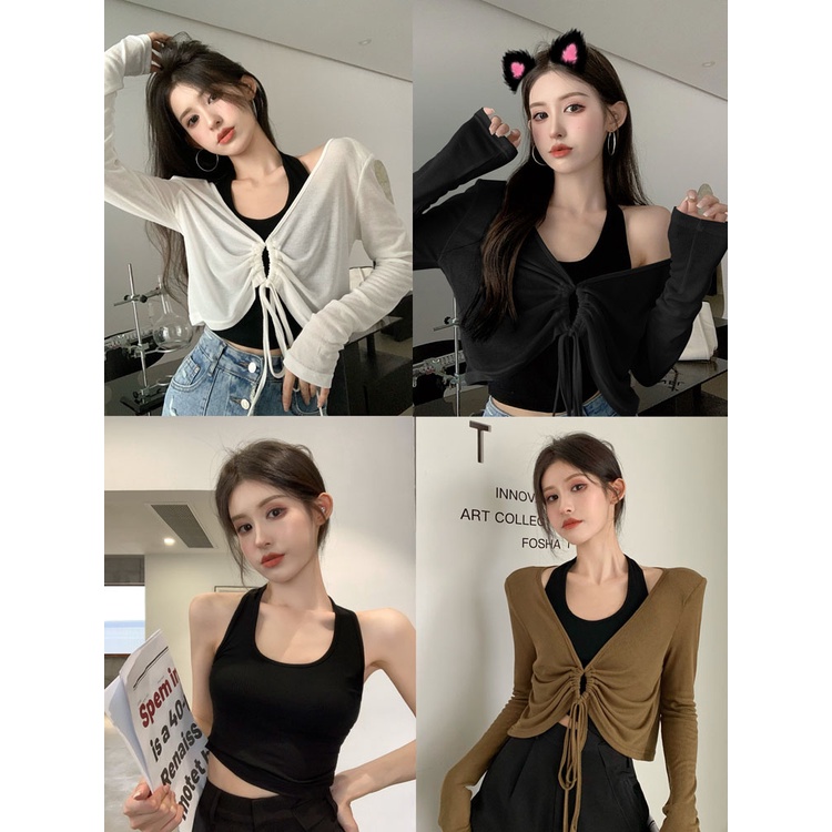 Cocory vn Set Áo Hai Dây Dệt Kim Cổ Chữ U + Áo Khoác Tay Dài Dáng Rộng Thời Trang Mùa Hè Cho Nữ