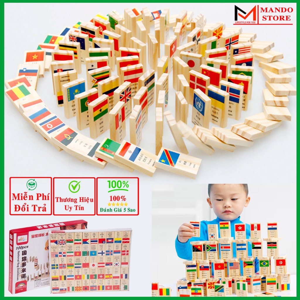 Bộ 100 Quân Cờ Domino Cờ Các Quốc Gia, Xếp Hình Tập Nhận Biết Quốc Kì, Đồ Chơi Domino Bằng Gỗ Tự Nhiên Cao Cấp