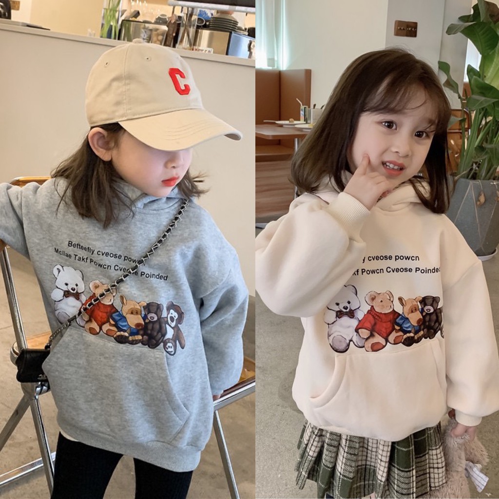 AG293 -Áo hoodie nỉ bé gái lót lông hình gấu sz 80-140, áo cho bé thời trang hàn quốc