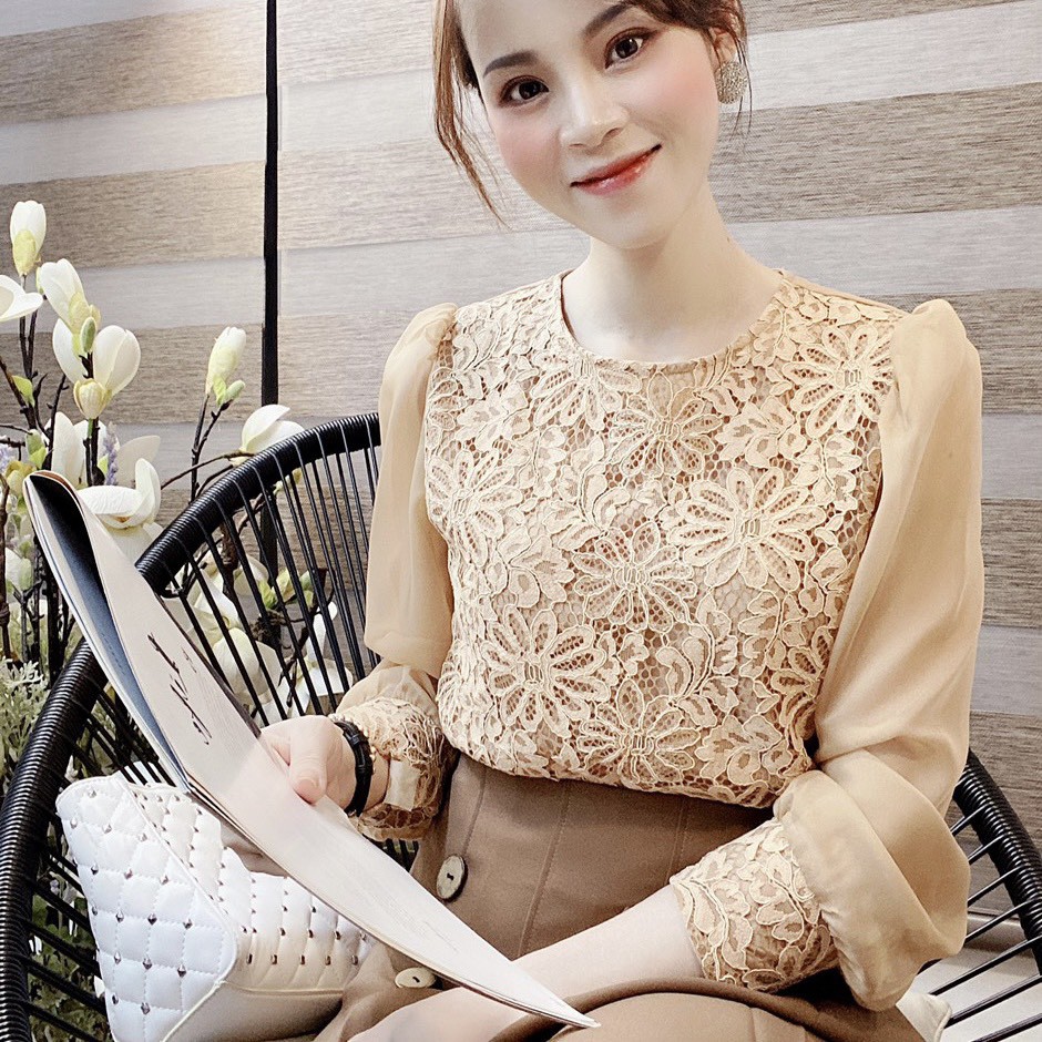 Áo kiểu công sở ren G64 mầu nâu chất mát không lộ, Áo công sở nữ phối ren đẹp chất mát mềm, xịn hàng thời trang công sở
