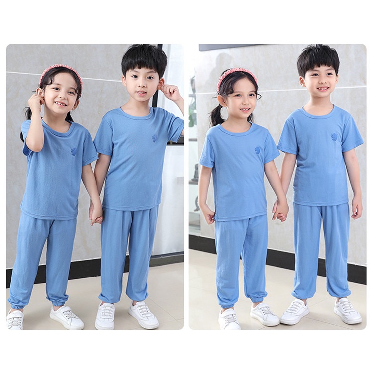 [LF.VN] Set Áo Thun + Quần Dài Trơn Màu Bằng Lụa Lạnh Kích Thước 100-150cm Thời Trang Xuân Hè Dành Cho Bé