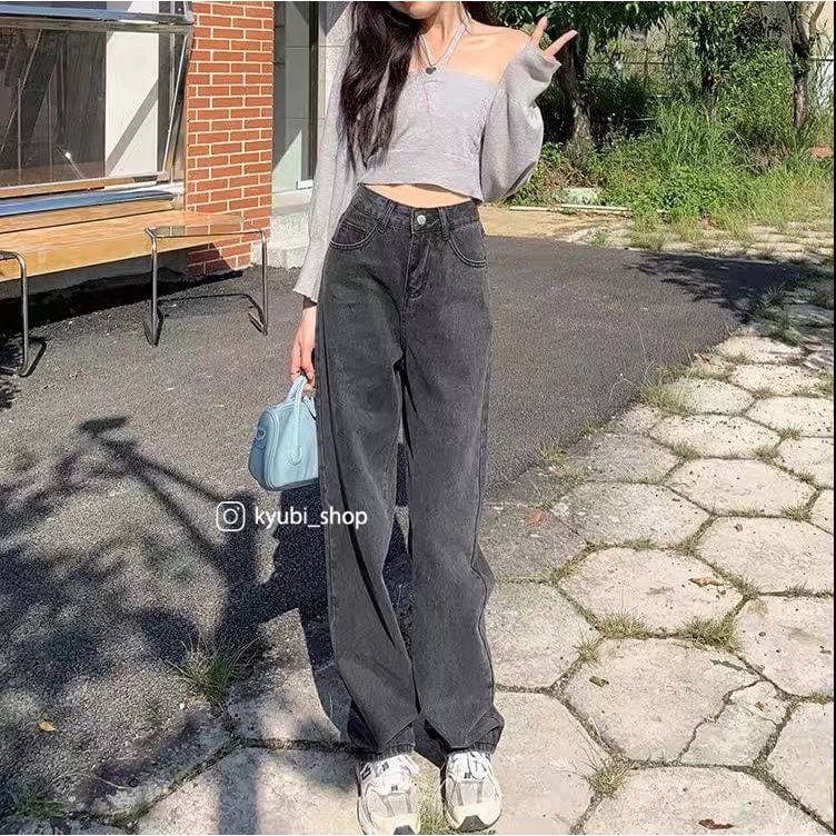 Quần jeans ống suông rộng đen xám nữ phong cách Retro Ulzzang (Có Bigsize ) - Quần jean ống rộng Kyubi JEMI.Re