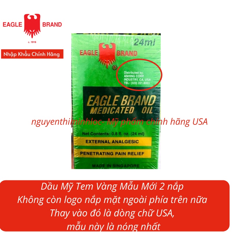 (HÀNG MỸ TEM VÀNG] DẦU GIÓ XANH CON Ó 24ML Eagle Brand Medicated Oil 2 nắp