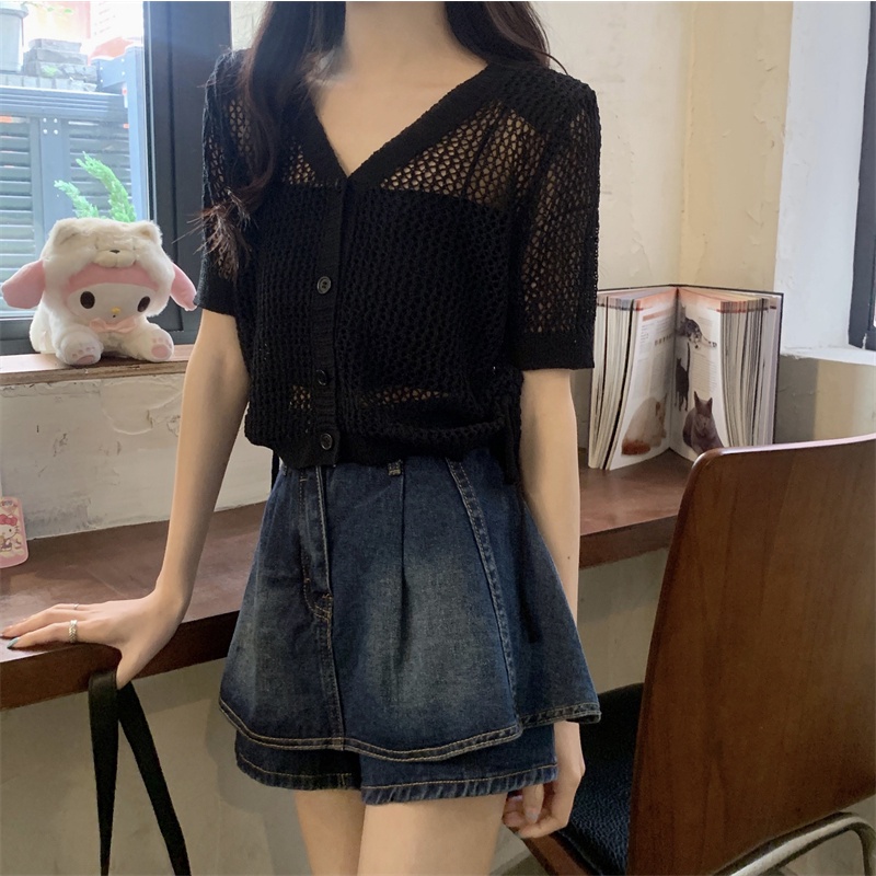 【ZHELIHANGFEI】Áo Cardigan Dệt Kim Tay Ngắn Dáng Rộng Phối Dây Rút Thời Trang Dành Cho Nữ