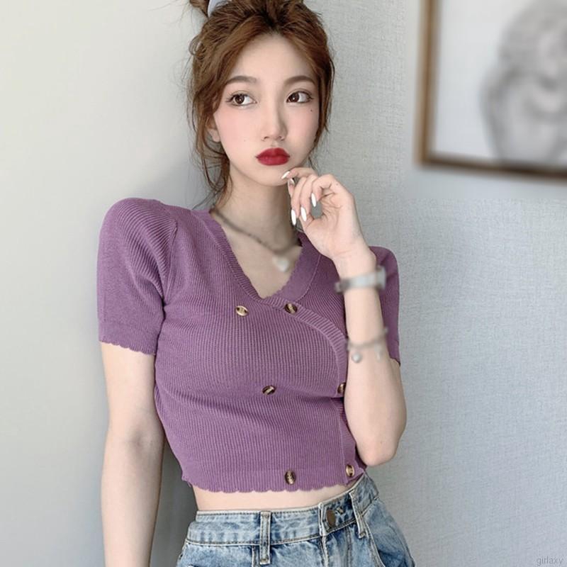 Áo Thun Dệt Kim Tay Ngắn Cổ Chữ V Màu Trơn Phong Cách Hàn Quốc