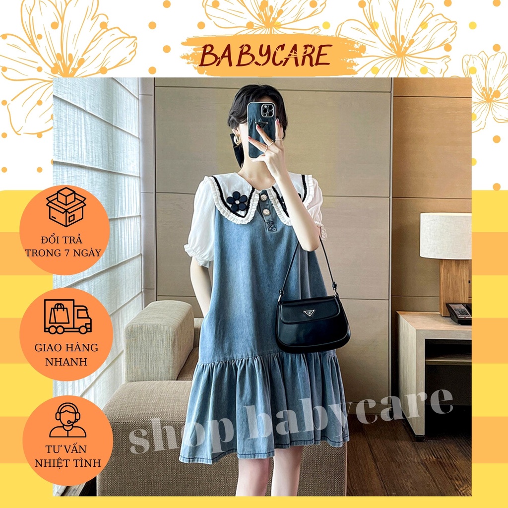 ĐẦM BẦU GIẢ BÒ TIỂU THƯ XINH XẮN - VÁY BẦU THIẾT KẾ CỔ BÈO ĐÍNH HOA BO ỐNG TAY ĐIỆU ĐÀ