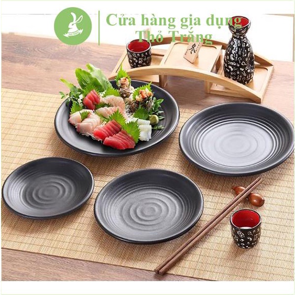 Dĩa nhựa melamine tròn có vân màu đen nhám cao cấp đủ size