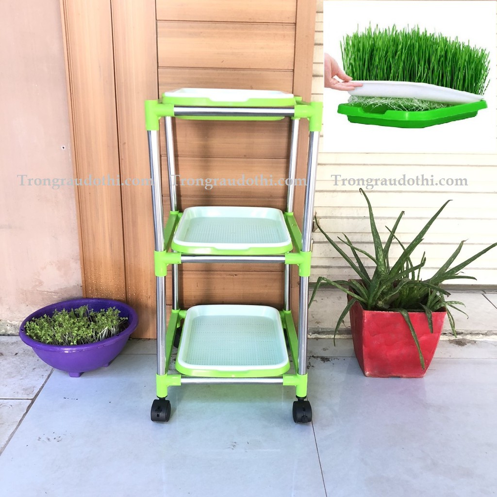(TẶNG VÒI XỊT VÀ 200GRAM HẠT RAU MẦM ĐẬU HÀ LAN) Bộ chậu kệ trồng rau mầm lắp ghép 3 tầng 3 chậu
