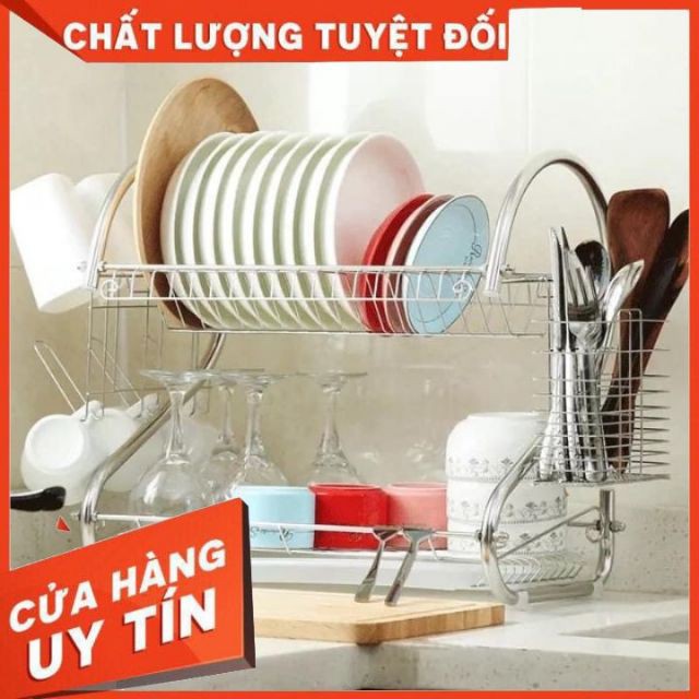 Giá úp bát INOX 2 tầng có khay hứng nước HÀNG L1 DÀY DẶN