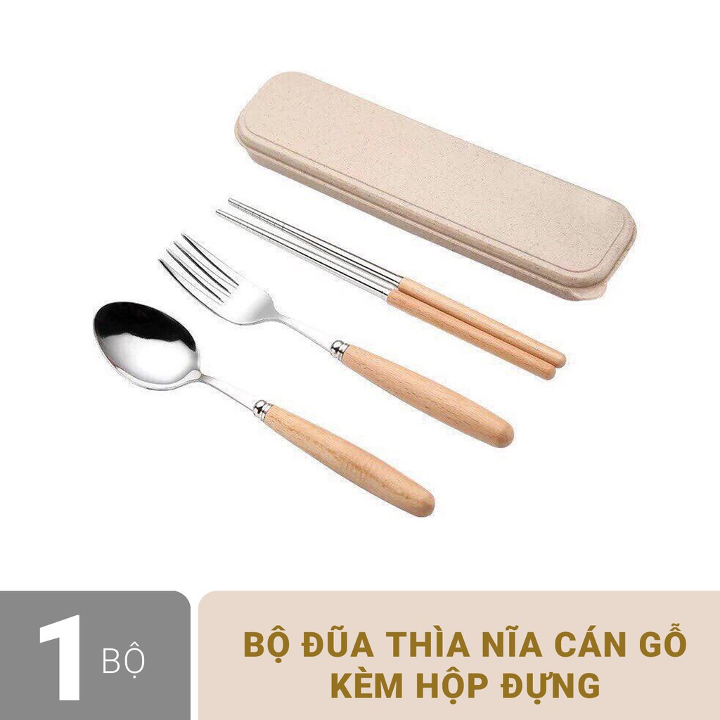 Bộ đũa dĩa thìa inox cán gỗ hộp đựng bằng lúa mạch (Dài 21cm)