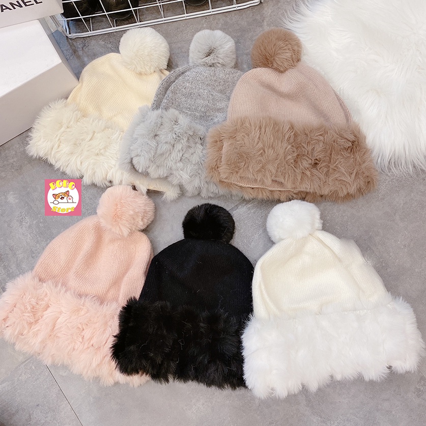 Mũ len quả bông nhiều màu mix lông thỏ mềm mịn ấm áp