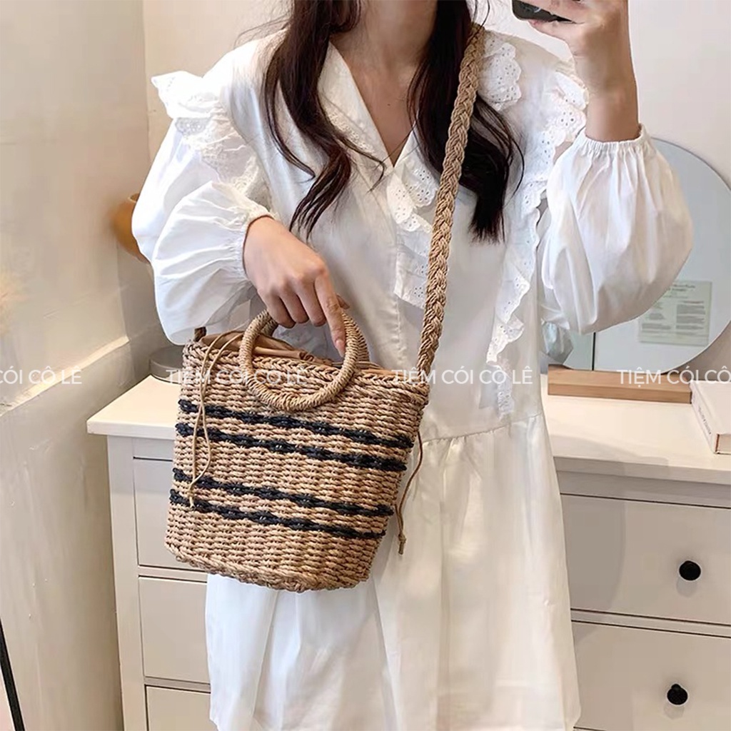 Túi cói đi biển sọc ngang quai tròn, giỏ xách phụ kiện du lịch, chụp ảnh - Tiệm Cói Cô Lê