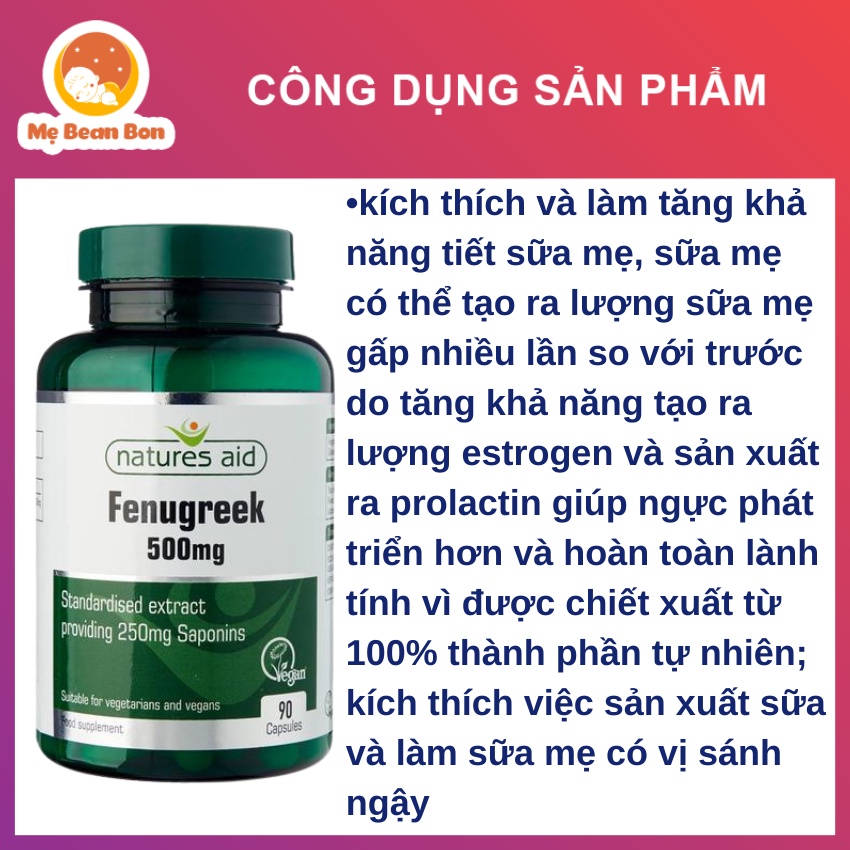 Lợi sữa cỏ cà ri hộp 90 viên giúp tăng khả năng tiết sữa cho mẹ sau sinh Natures Aid Fenugreek hàng Chuẩn Anh Quốc