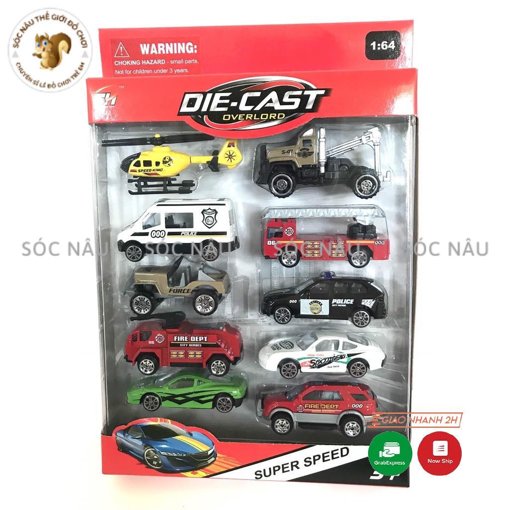 Hộp 10 xe ô tô sắt đồ chơi xe cứu hỏa, cảnh sát, quân sự, máy bay, xe tăng siêu bền cho các bé Sóc nâu thế giới đồ chơi