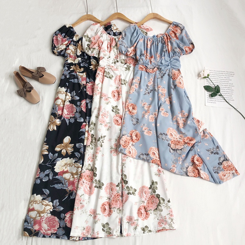 Bộ Áo Liền Quần Tay Ngắn Phồng In Hoa Kiểu Boho Cổ Điển Dễ Thương Cho Nữ