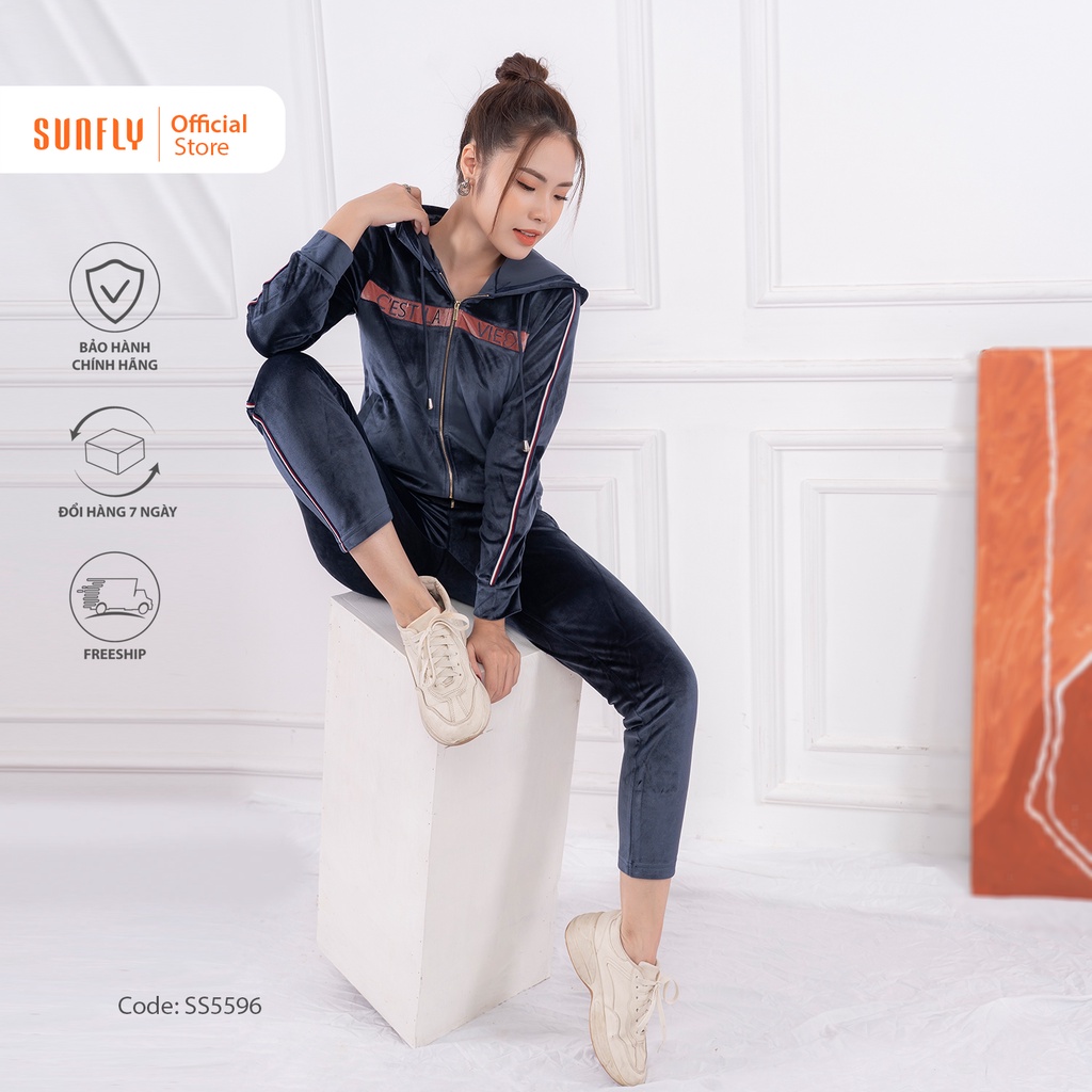 Bộ đồ mặc nhà nữ thể thao nhung SUNFLY kéo khóa có mũ áo dài quần dài SS5596