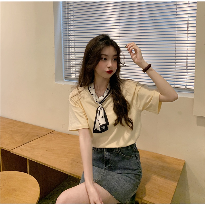 SUXI Áo thun tay ngắn phối khăn choàng lụa thời trang mùa hè dành cho nữ