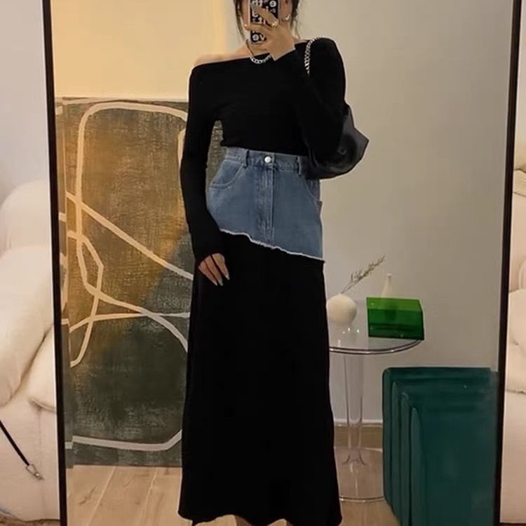 Chân Váy Denim Dài Ghép Vải Cá Tính Cho Nữ