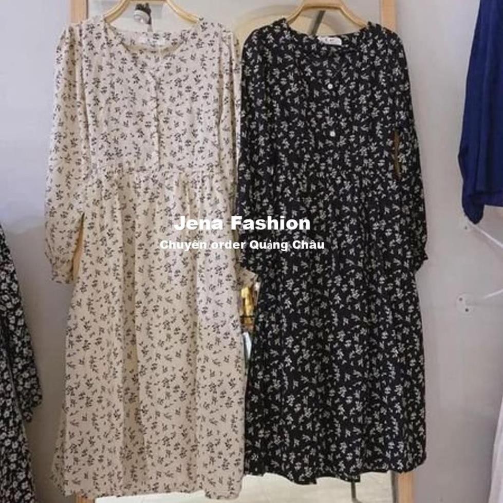 Váy hoa nhí Quảng Châu dáng dài 2 lớp, thắt nơ eo hoạ tiết cỏ vintage hàng chất lượng cao- Jena Fashion  ྇