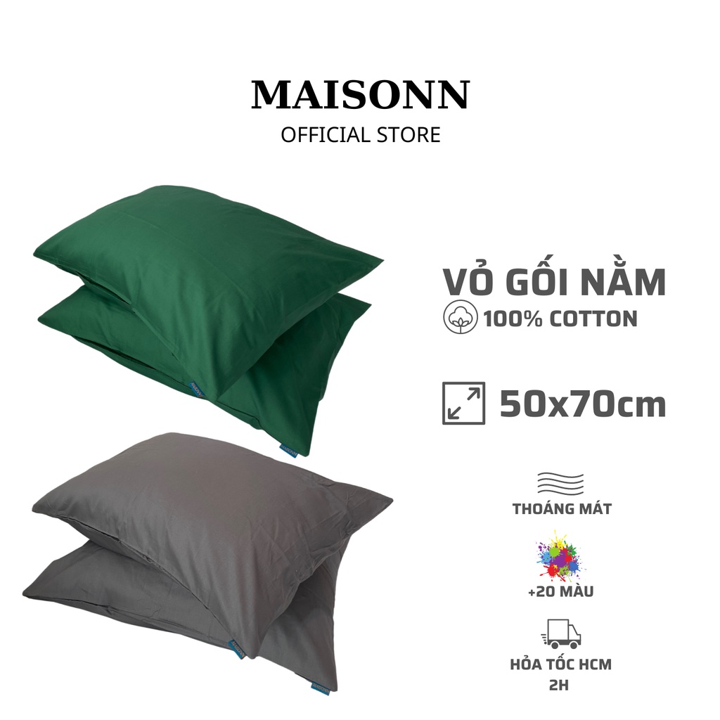 Vỏ gối nằm màu trơn 100% Cotton Hàn Quốc 50x70cm (nhiều màu) 1 cái - MAISONN