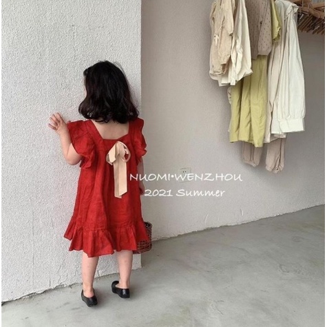 Đầm Công Chúa Thắt Nơ Đỏ Thời Trang Mùa Hè Hàn Quốc Cho Bé Gái