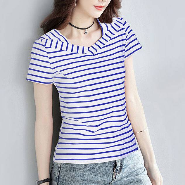 Áo Thun Tay Ngắn Cổ Chữ V Họa Tiết Kẻ Sọc Dễ Phối Đồ Thời Trang Cho Phụ Nữ Trung Niên