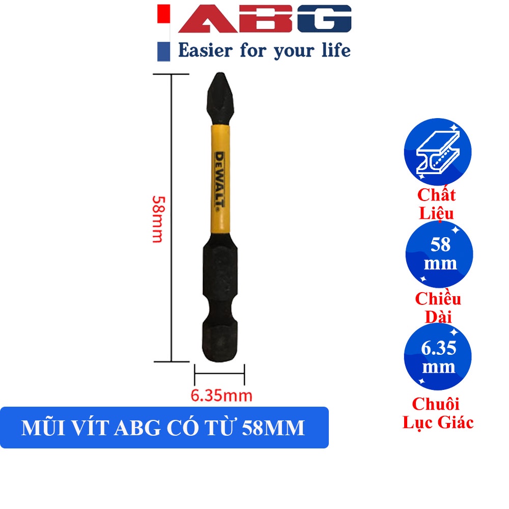 Mũi Vít ABG Có Từ Tính DW Ph2 58mm Chuyên Dùng Cho Máy Khoan Bắn Vít