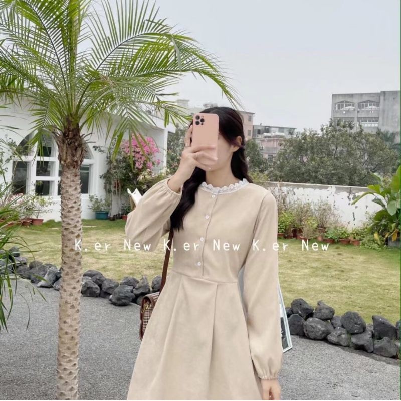 VÁY NHUNG CỔ REN VINTAGE SIÊU XINH QUẢNG CHÂU CAO CẤP