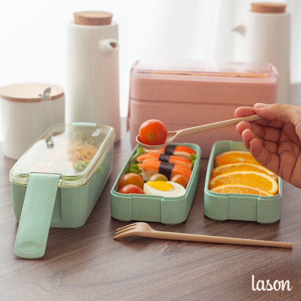 Hộp cơm nhựa Lason lúa mạch, hộp đựng cơm trưa  kèm bộ thìa đũa nhựa HC00118